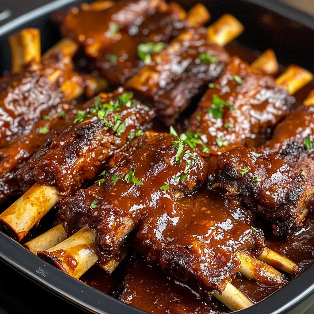 A close-up image of succulent, glazed beef ribs garnished with fresh parsley on a black platter.