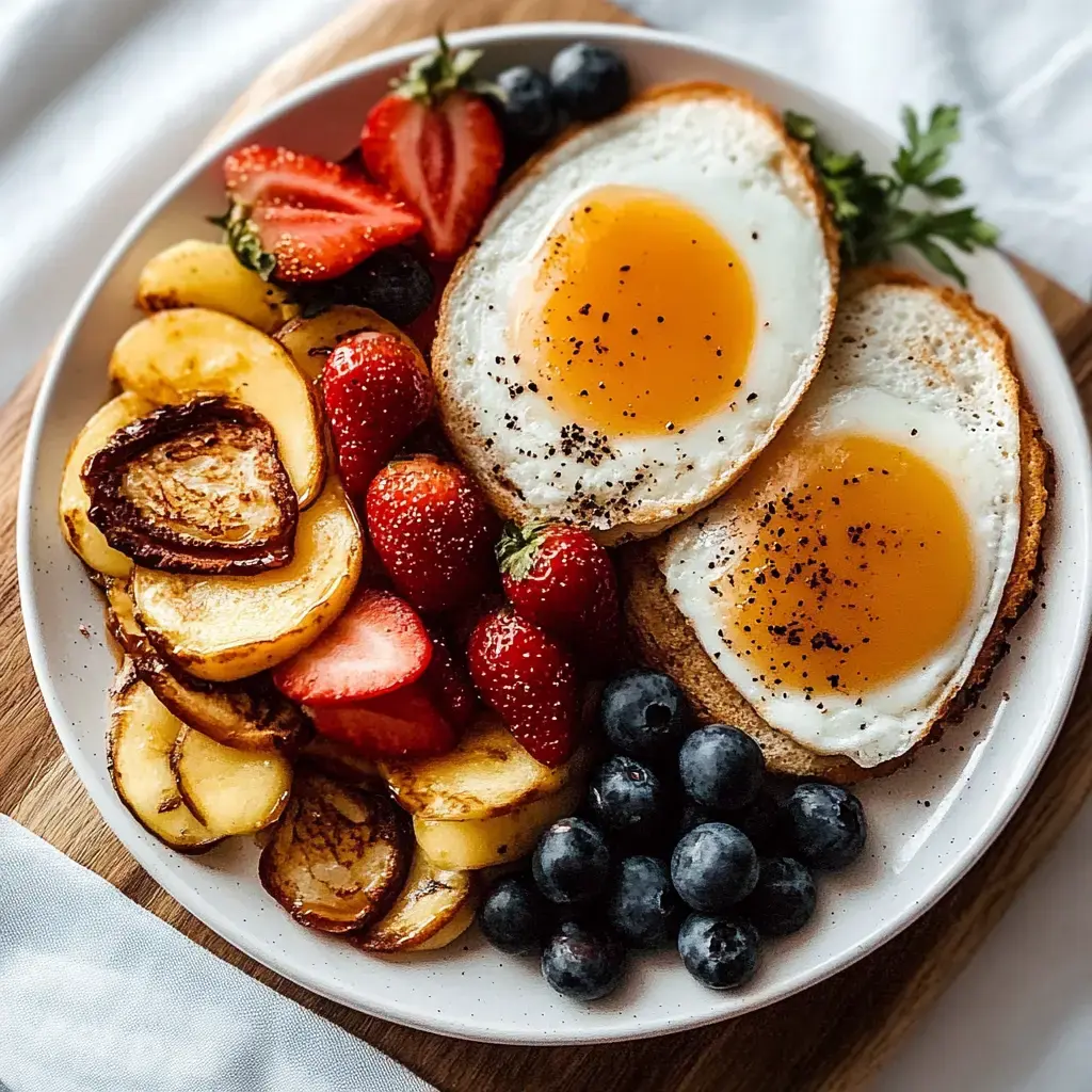 A plate of breakfast featuring two sunny-side-up eggs on toasted bread, accompanied by sautéed potatoes, strawberries, and blueberries.