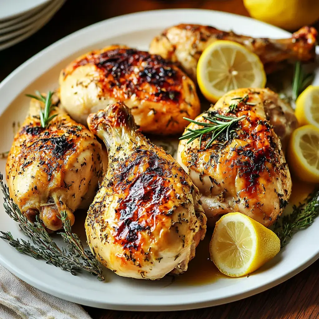 A plate of roasted chicken pieces garnished with lemon slices and herbs.