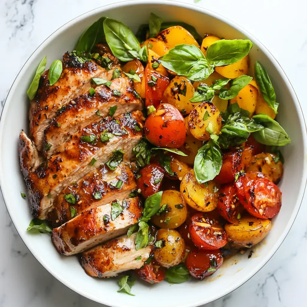 A bowl contains sliced grilled chicken breast alongside roasted tomatoes and fresh basil leaves.