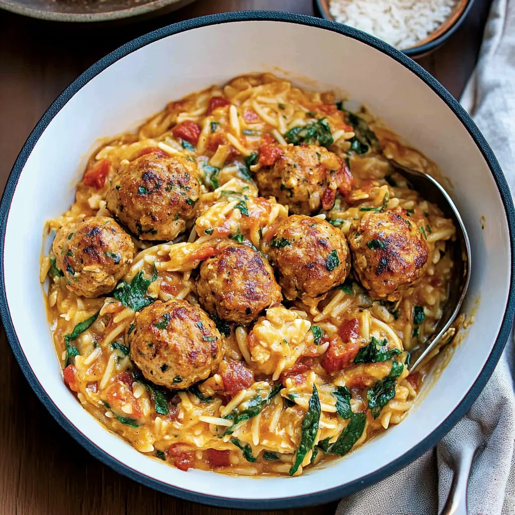 Tuscan Chicken Meatball Orzo