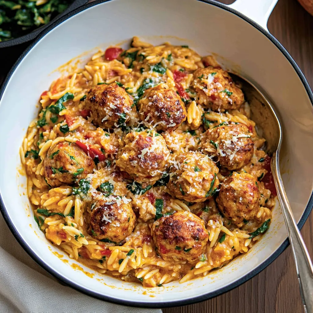 Homemade Tuscan Chicken Meatball Orzo