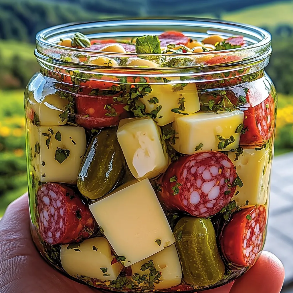 Easy Marinated Cheese Appetizer with Salami & Pickles