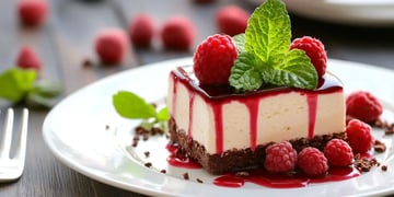 A slice of cheesecake topped with raspberry sauce and fresh raspberries, garnished with mint leaves on a white plate.