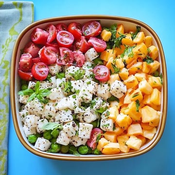 A colorful salad bowl featuring sections of halved cherry tomatoes, diced white cheese, green peas, and cubed yellow fruit, garnished with fresh herbs.